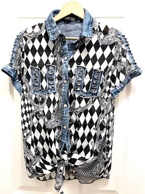 Sheer Button Front Blouse Denim Trim Tie Front Cutout Y2K Western